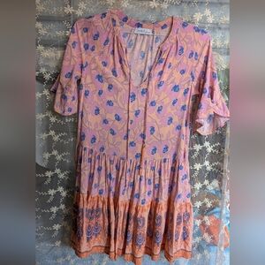 Petal & Pup Pink Floral Tiered Midi Dress with Blue Accents